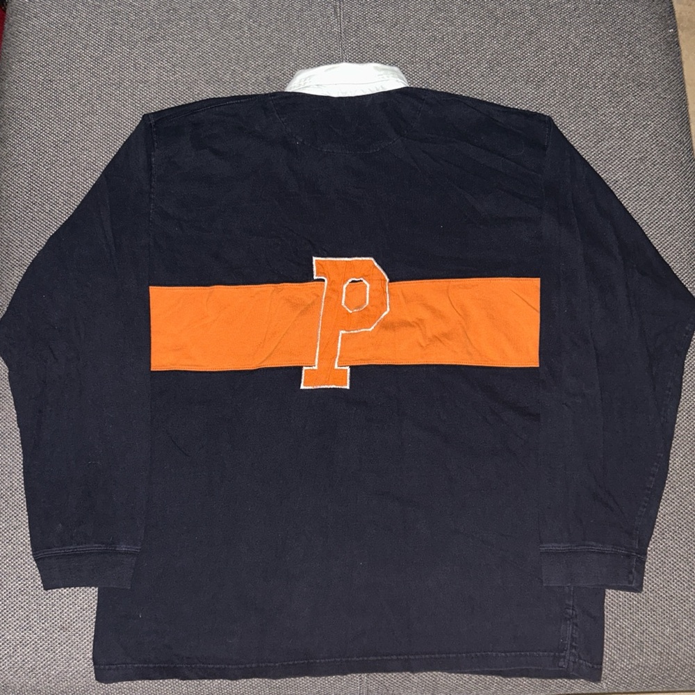 90s Navy and Orange Long Sleeve Rugby Polo Shirt with P Logo